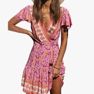 Floral Pink and Orange Wrap Dress
